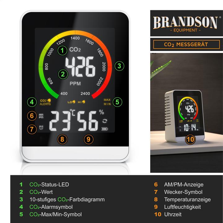 Produktbild Brandson CO2 Messgerät, Luftqualität Melder, Kohlendioxidmessung, Luftqualität Sensor, Raumluft-Qualität