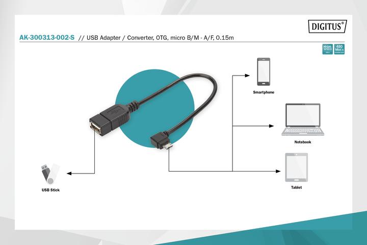 Immagine prodotto Digitus Cavo adattatore USB2.0, OTG,0.15m (0.15 m, USB 2.0)