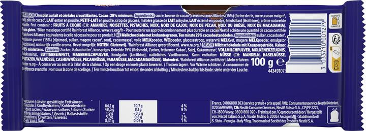 Valori nutrizionali e ingredienti Crunch barretta di cioccolato al latte (100 g)