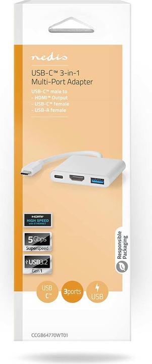 Image du produit Nedis Adaptateur USB multi-ports | USB 3.2 Gen 1 | USB-C™ mâle | Sortie HDMI™ / USB-A femelle / USB-C (USB-C, 3 Ports)