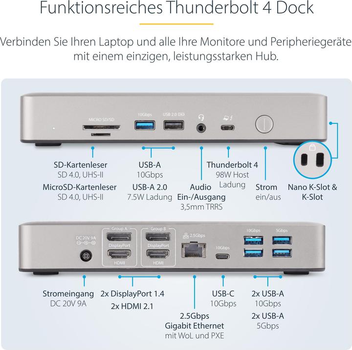 Produktbild StarTech com 132UE-TB4USB4DOCK, Kabelgebunden, Thunderbolt 4, 98 W, 3,5 mm, 10,100,1000,2500 Mbit/s (Thunderbolt, 7 Ports)