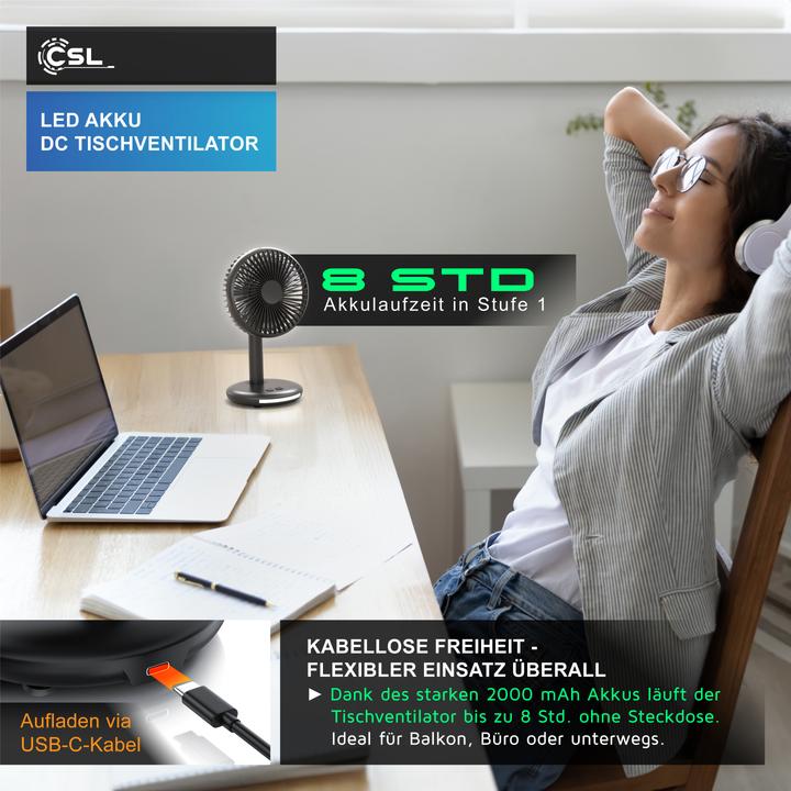 Produktbild CSL Akku Tischventilator, USB Mini Desk Fan, Schreibtischventilator, sehr leise, neigbar, mobiler Lüfter (46.50 dB)