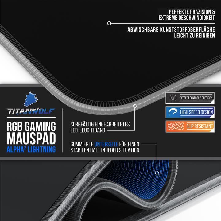 Produktbild Titanwolf RGB Gaming Mauspad, Mausmatte XL 800 x 300mm, verbessert Präzision & Geschwindigkeit, schwarz