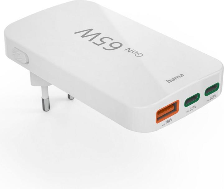 Produktbild Hama Schnellladegerät, 2x USB-C, 1x USB-A, flaches Mini-Ladegerät, PD, 65 W, WS (65 W)