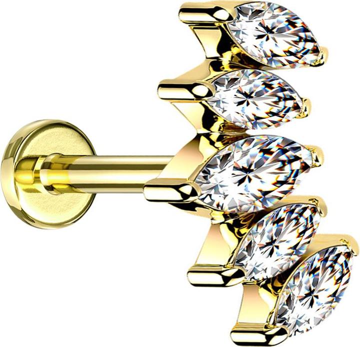 Star Piercing Micro Labret Innengewinde vergoldet Fächer mit fünf Kristalle silber (Chirurgenstahl 316L, ohne Messing)