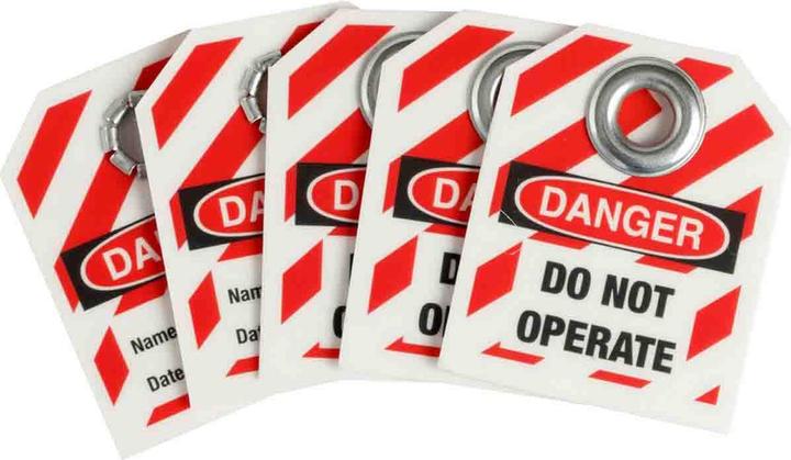 Actual product image Brady Mini lockout security tag, plastic, black & red on white, 50.8 x 63.5 mm, labelling