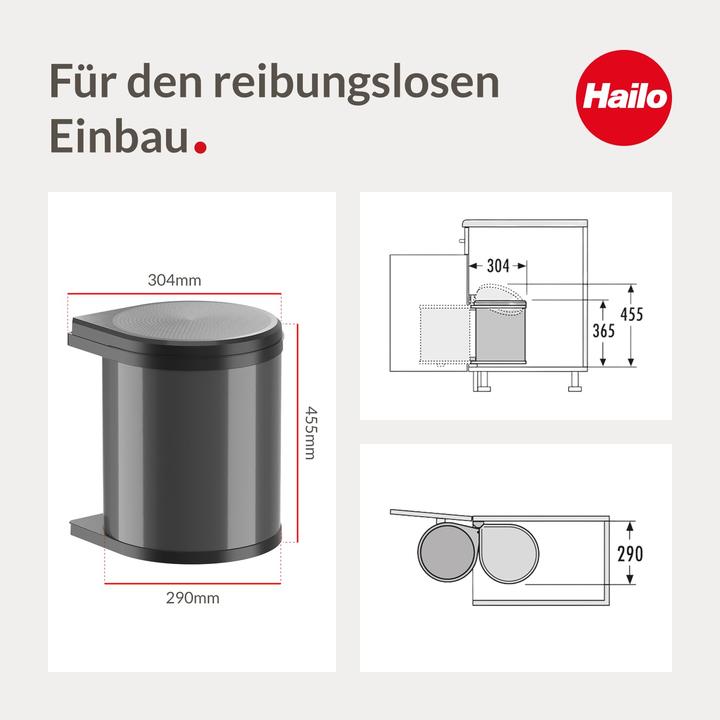 Produktbild Hailo Abfallsammler 3515071 Mono Schwenkeimer 15 Liter Einbau ab 40 cm Unterschrank mit Drehtür Schw (15 l)