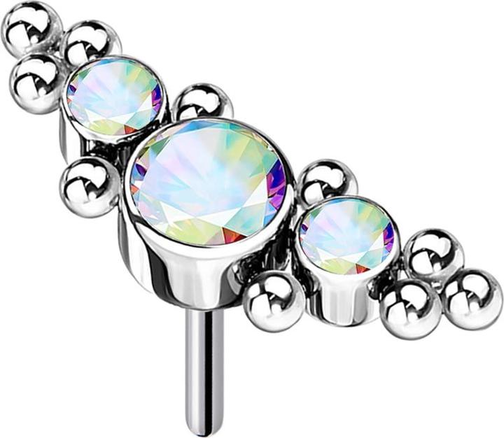Star Piercing Threadless silber mittig mit Kugeln und drei Kristalle multicolor (ohne Messing, Titan G23)