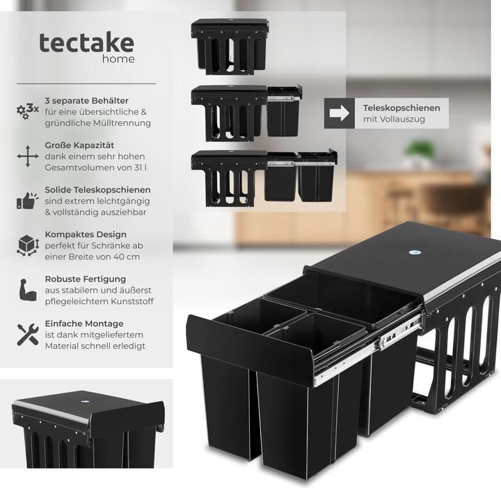 Produktbild tectake Abfallsammler Ashlyn, 3-fach Trennung, 31L, Teleskopschienen (31 l)
