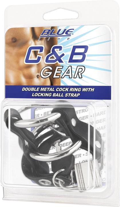 Actual product image Blue Line C&B GEAR Double Metal Cock Ring With Locking Ball Strap