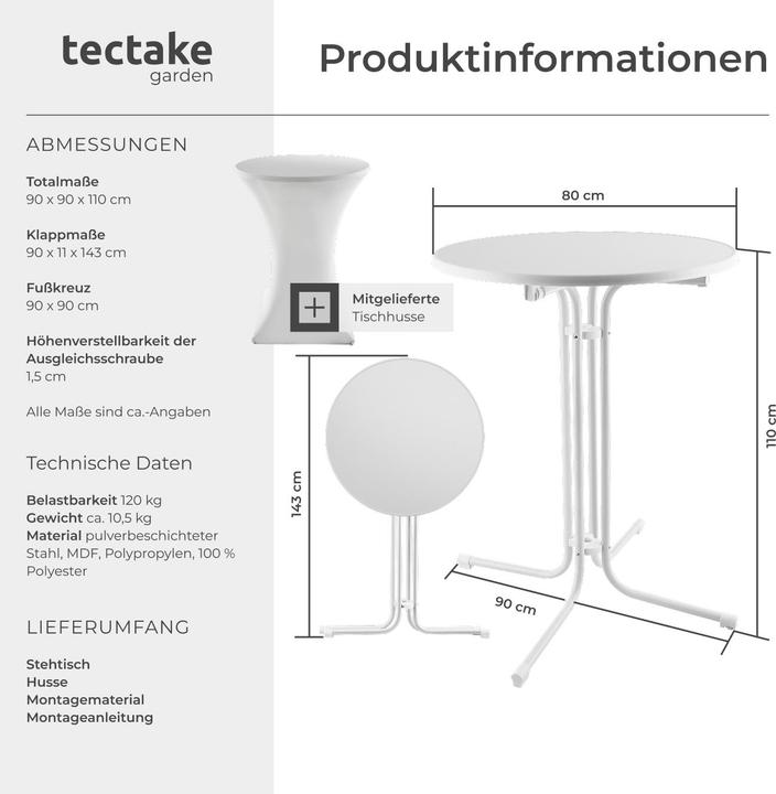 Immagine prodotto tectake Tavolo alto Eren pieghevole con copertura 90 x 110 cm (80 x 80 x 110 cm)