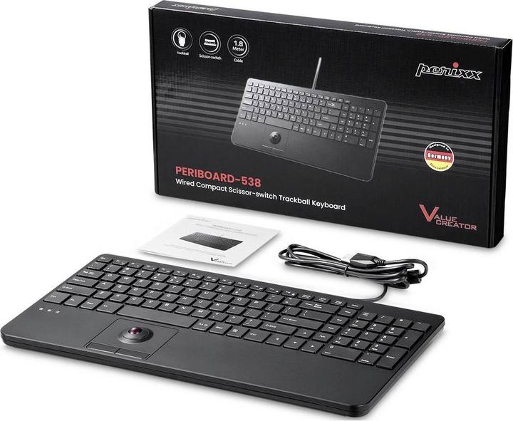 Image du produit Perixx PERIBOARD-538 H FR, Clavier USB filaire avec trackball - touches de cisaillement - 2 hubs USB en (DE, Filaire)