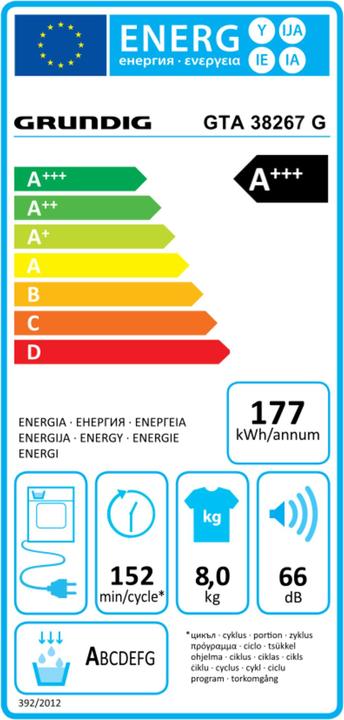 Etichetta energetica Grundig GTA38267G Asciugatrice a pompa di calore A+++ (8 kg, A destra)