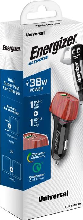 Actual product image Energizer Car Charger - Power Delivery & QC3 - 38W - 1 USB-C & 1 USB-A, Wood Look