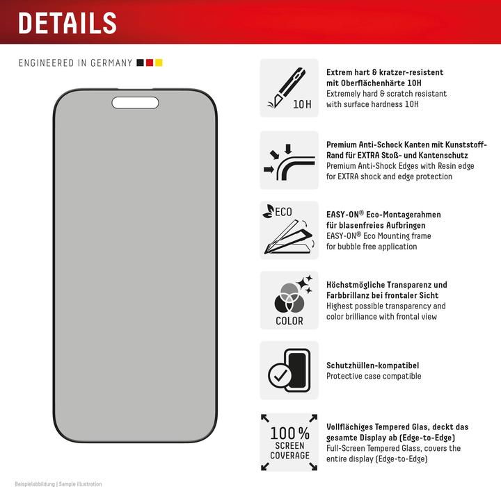 Nährwerte und Zutaten Displex Privacy Glass, Privacy Full Cover Panzerglas (1 Stück, Apple iPhone 16 Pro)