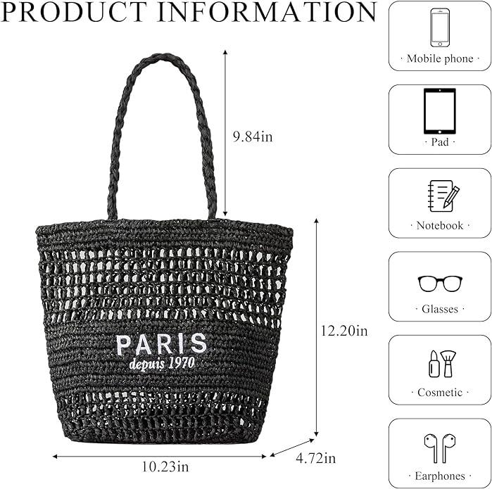 Image du produit Only-Bags.Store Sac à provisions en paille tressée, sac à bandoulière en broderie à la mode, sac de plage