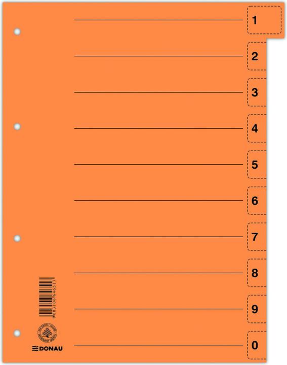 Produktbild Donau Trennblätter, karton, a4, 235x300mm, 0-9, 10 mehrfach gelochte blätter, orange