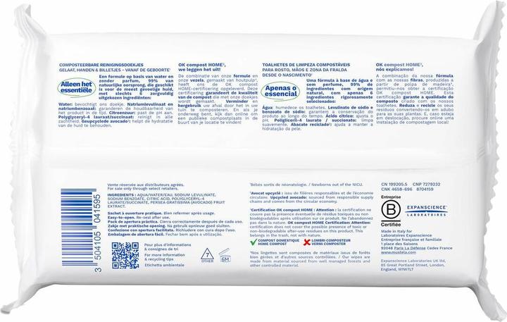 Nährwerte und Zutaten Mustela Biologisch abbaubare, kompostierbare Wischtücher für zu Hause (60 Stück)