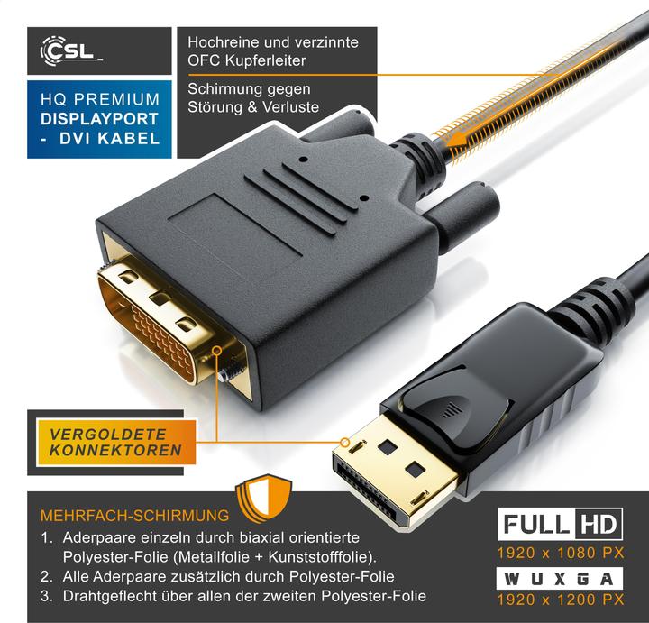 Produktbild CSL DisplayPort Video-Kabel, 20 Pins, DVI-D, Monitorkabel, HDCP und EDID Zertifiziert, FHD Ausflösung (2 m, DisplayPort, DVI)