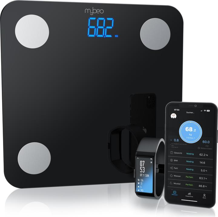 Produktbild Mybeo Körper-Analyse-Waage, Digitale Bluetooth Körperfettwaage, Diagnosewaage mit App-Steuerung, 5-180 Kg (180 kg)
