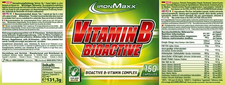 Nutritional values and ingredients IronMaxx Vitamin B Bioactive (150 Piece, Capsules, 131.30 g)