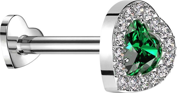 Produktbild Star Piercing Micro Threadless Labret Herz silber Kristallherz grün umrandende Kristalle silber (Titan G23, ohne Messing)
