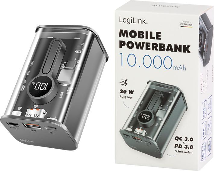 Actual product image LogiLink Powerbank 10000 mAh, 1x USB-A, 1x USB-C, with display, PD & QC, transp. (10000 mAh, 20 W, 37 Wh)