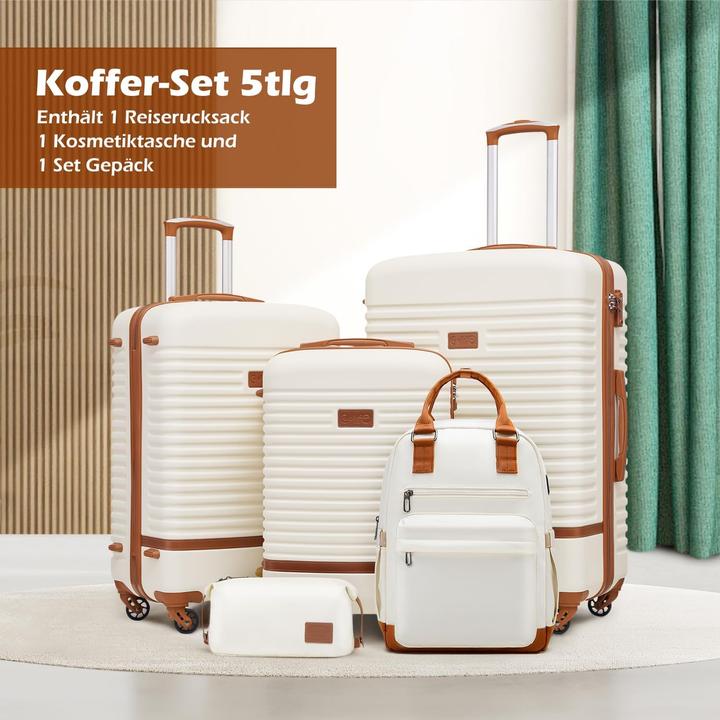 Produktbild Coolife 5-teiliges Hartschalen-Trolley-Set mit Reiserucksack und Kulturbeutel (93 l, Handgepäck (bis 50l), M (50 - 90l), L (90 - 115l))