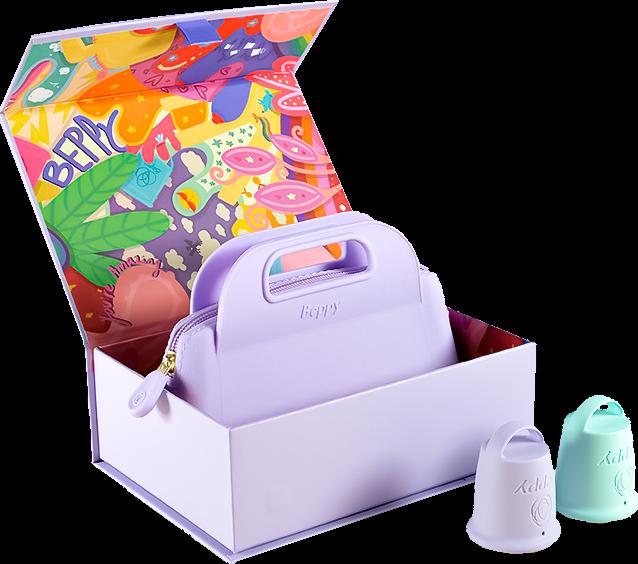 Produktbild Beppy Cups «WONDER» Lila/Türkis, Box mit zwei Menstruationstassen und Aufbewahrungstasche