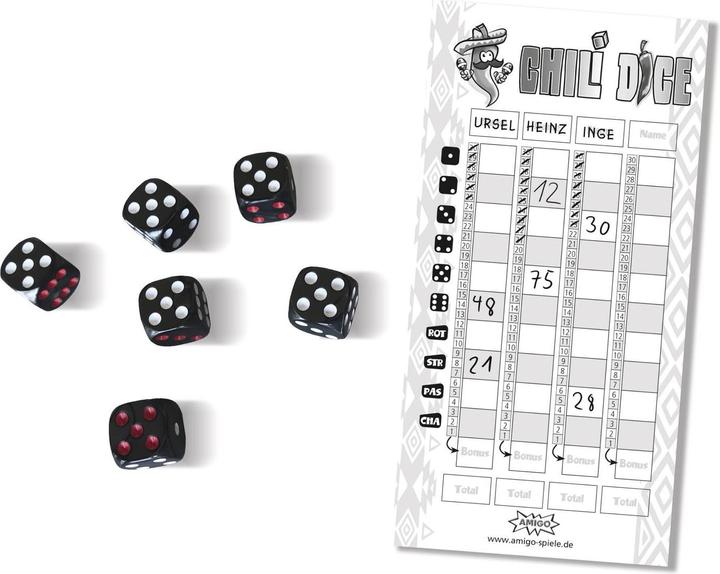 Immagine prodotto Amigo Chili Dice, d da 8 anni, 1-4 giocatori, gioco di dadi, gioco di famiglia (Inglese, Tedesco)
