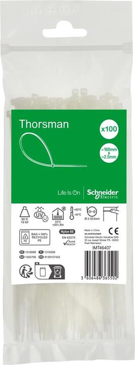 Schneider Kabelbinder Thorsman, Abmessung: 160X2,5 mm, VPE=100 Stück Farbe: klar IMT46407 (Kunststoffkabelbinder, 160 mm, 100 Stk.)