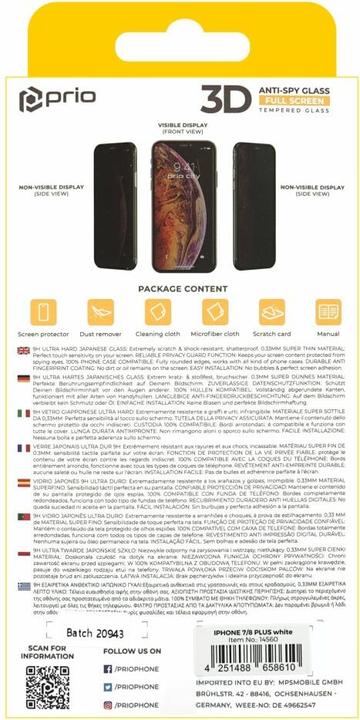 Produktbild prio 3D Anti-Spy Displayschutzglas für iPhone 7/8 Plus weiss (1 Stück, Apple iPhone 8 Plus)