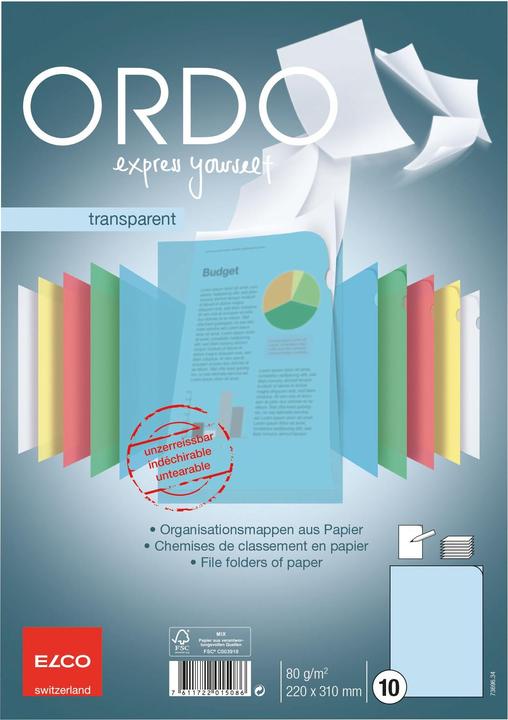 Produktbild Elco 10 Sichthüllen Ordo transparent DIN A4 blau glatt 80 g/qm (A4, 10 x)