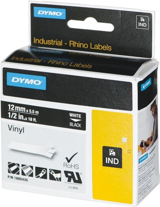 Produktbild Dymo Rhino 12mm weiß auf schwarz Vinyl (1.20 cm, Schwarz)
