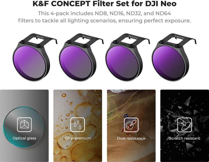 Produktbild K&F Concept 4pcs Filter Kits, ND8+ND16+ND32+ND64, HD, Anti-Reflection Green Coating, Waterproof and Scratch Resi (Kamera Akku)