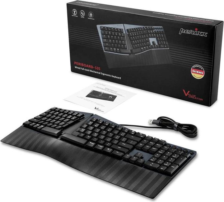 Produktbild Perixx PERIBOARD-535 DE RD, Kabelgebundene ergonomische mechanische Tastatur (DE, Kabelgebunden)