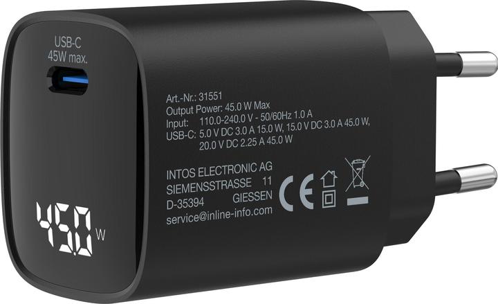 Actual product image InLine USB PD power supply, GaN charger, 1-port, USB-C, 45W, with display, black (45 W)