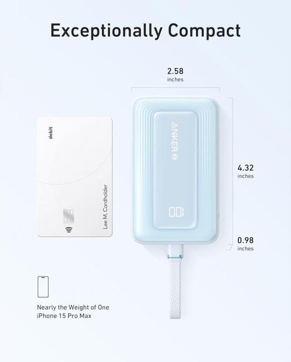 Produktbild Anker - Power Bank Zolo (A1688031) - Type-C, USB, 10000mAh, 30W, with Type-C Cable - Light Blue (10000 mAh, 30 W)