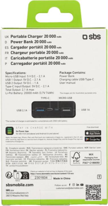 Energie-Label SBS Fast Charge Powerbank (20000 mAh, 10 W, 74 Wh)