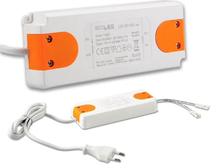 Image du produit Isoled Transformateur LED MiniAMP 12V/DC, 0-50W, 120cm de câble avec borne à lame, secondaire 2 prises