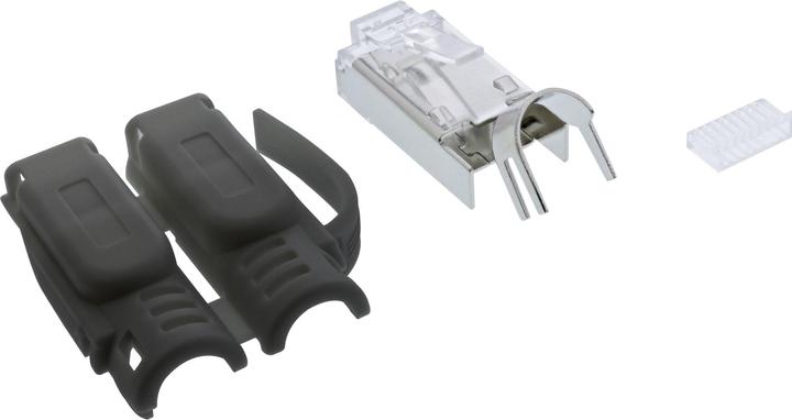 Produktbild InLine 100er Pack ® Crimpstecker Cat.6A RJ45 geschirmt, mit Knickschutz und Einfädelhilfe, schwarz (Netzwerkkabel Stecker)