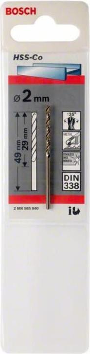 Produktbild Bosch Professional Zubehör Metallbohrer HSS-Co, DIN 338, 2 x 29 x 49 mm, 1er-Pack (2 mm)