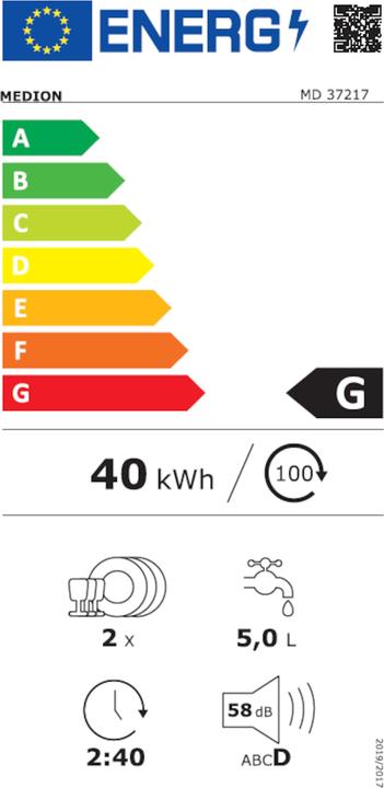 Label énergétique Medion Lave-vaisselle de table MD 37217, classe d'efficacité énergétique