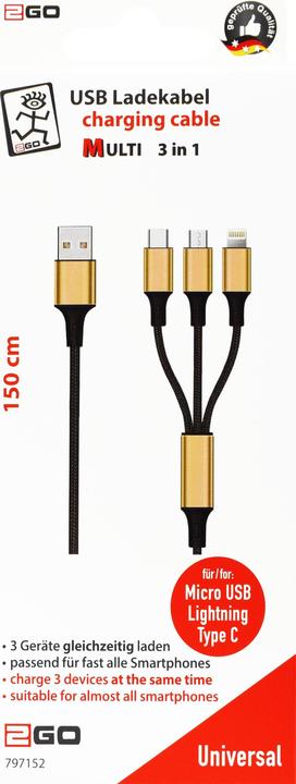 Immagine prodotto 2GO 797152 Cavo USB B USB C/Micro USB B/Lightning (1.50 m)