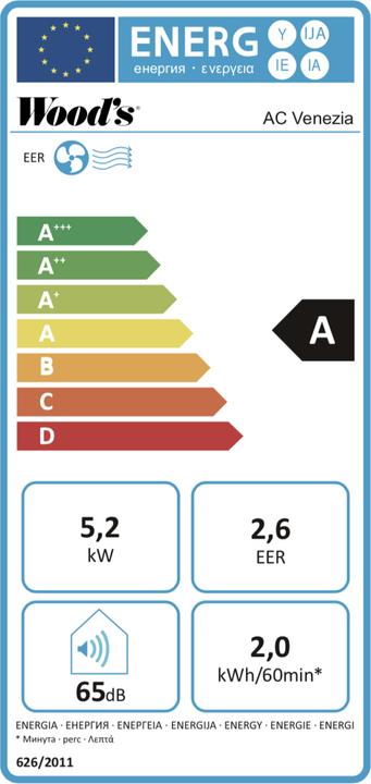 Label énergétique Wood's AC Venezia 18k Smart Home (50 m², 18000 BTU/h)