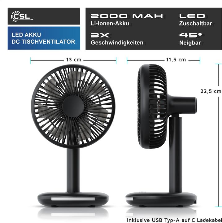 Produktbild CSL Akku Tischventilator, USB Mini Desk Fan, Schreibtischventilator, sehr leise, neigbar, mobiler Lüfter (46.50 dB)