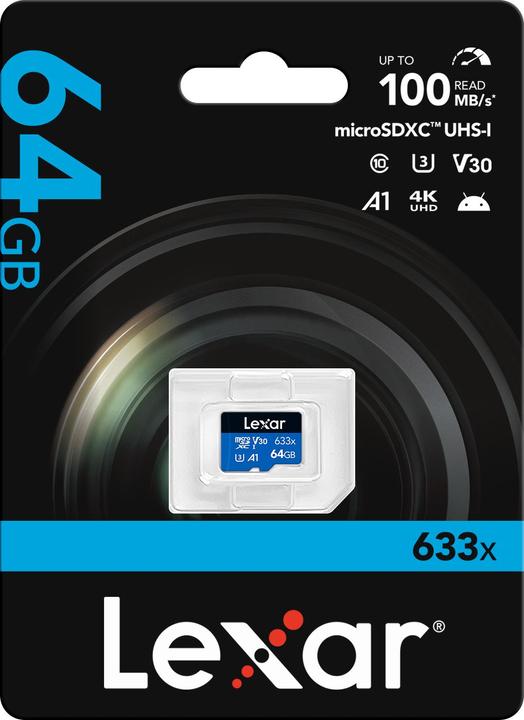 Image du produit Lexar 64Go haute performance 633x microSDXC UHS-I, jusqu'à 100MB/s en lecture 20MB/s en écriture (64 Go, microSDXC, U3, UHS-I)
