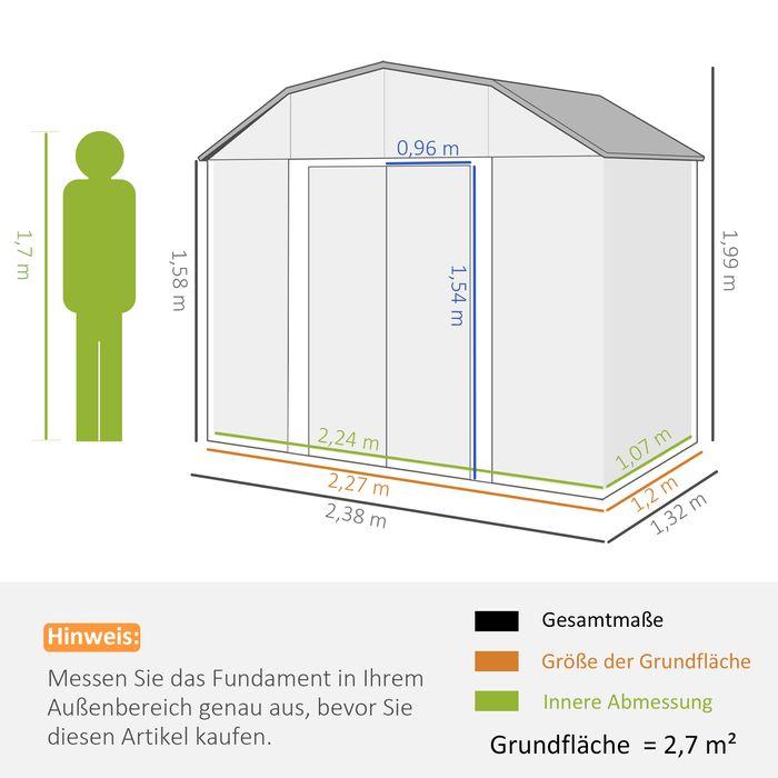 Immagine prodotto Swisshandel24 Gerätehaus Stahl 2,7m² UV-Schutz 2 Schiebetüren Regal Fundament Dunkelgrau 238x132x198,5cm