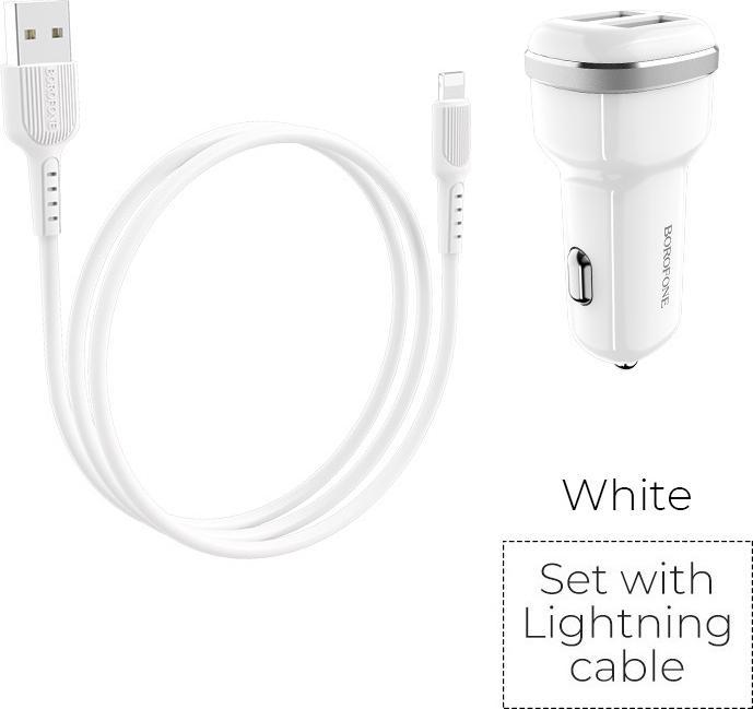 Produktbild Borofone Ladegerät Autoladegerät 2x USB Lightning-Kabel im Lieferumfang enthalten, weiss