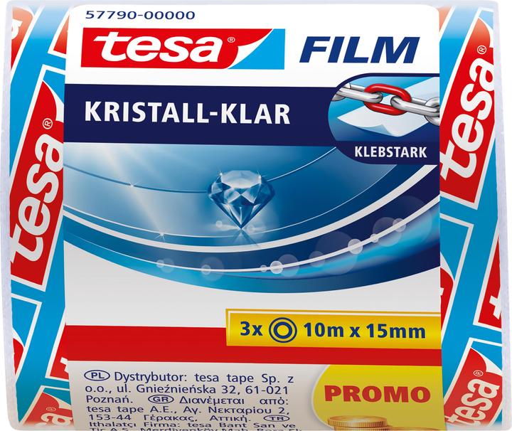 tesa 3x tesafilm KRISTALL-KLAR, hochtransparent, alterungsbeständig, mit starker Haftung (15 mm)